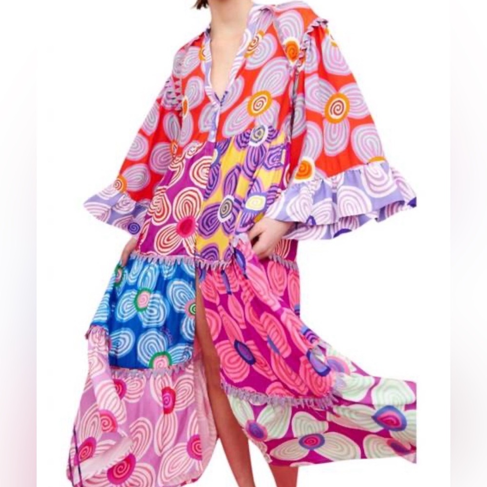 Celia B Maryann V-Neck Mixed Print Midi Dress Button Bright Whimsy Size L - Picture 4 of 16